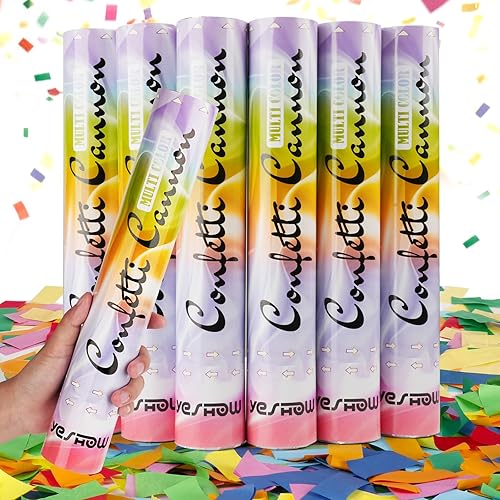 Cañón de confeti para fiesta, disparos biodegradables, (paquete de 6) YESHOW multicolor Confetti Blaster para cumpleaños, graduación, boda, Navidad