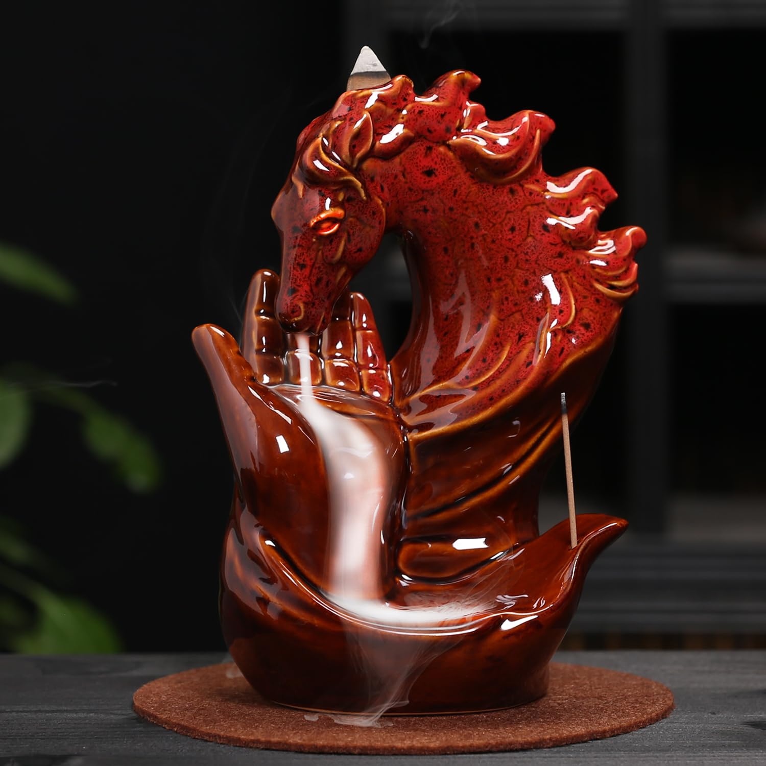 HaisWonsa Horse Hand Incense Burner Holder - Ceramic Incense Waterfall Burner Horse, Backflow Horse Smoke Fountain Incense Holder with Cone & Stick Tweezer & Mat for Aromatherapy/Yoga/Home/Room Decor