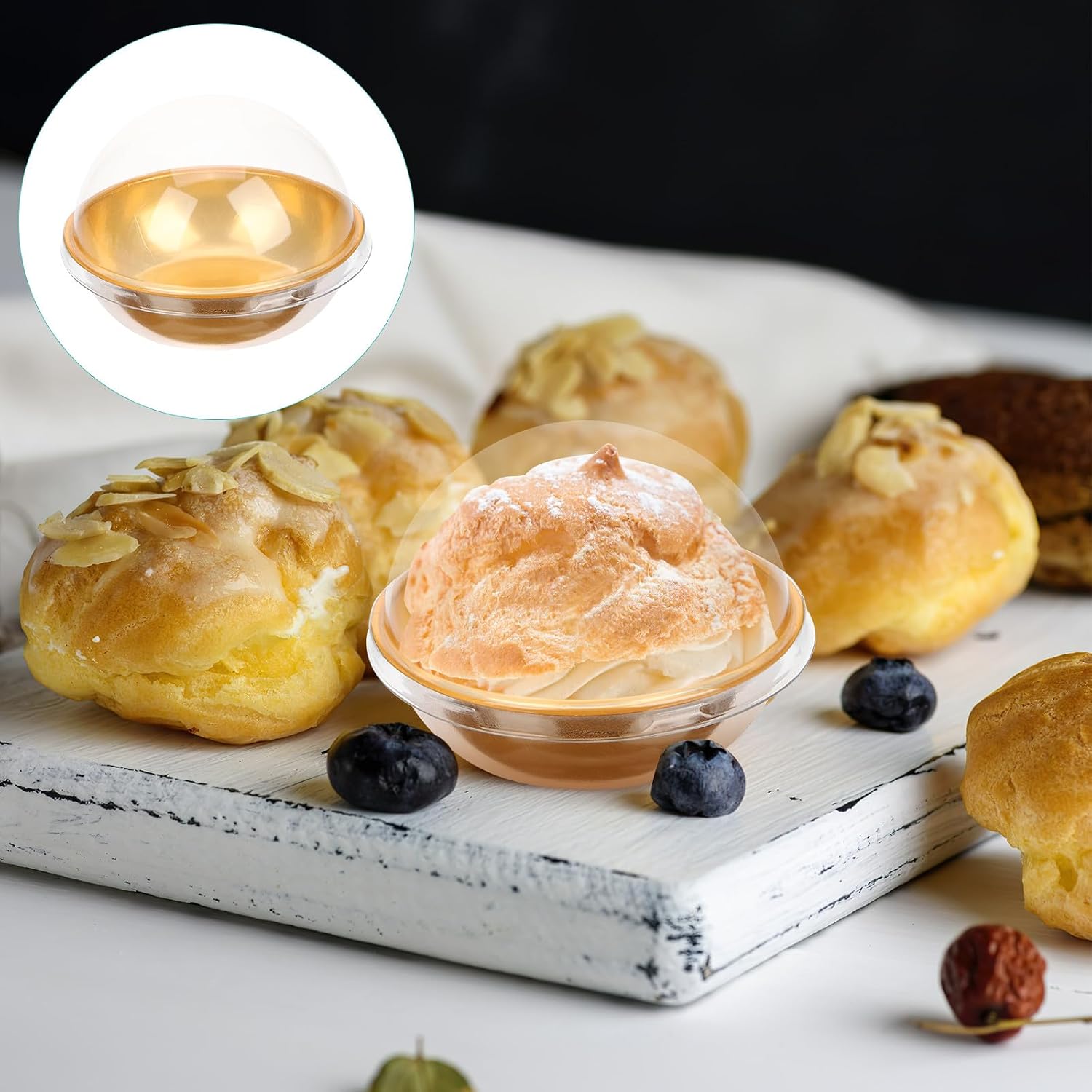 Housoutil 50pcs Mini round Cake Boxes with Lids, Single Cupcake Containers for Muffins and Egg Yolk Puff, Plastic Dome Dessert Holders for Baking and Party Packaging