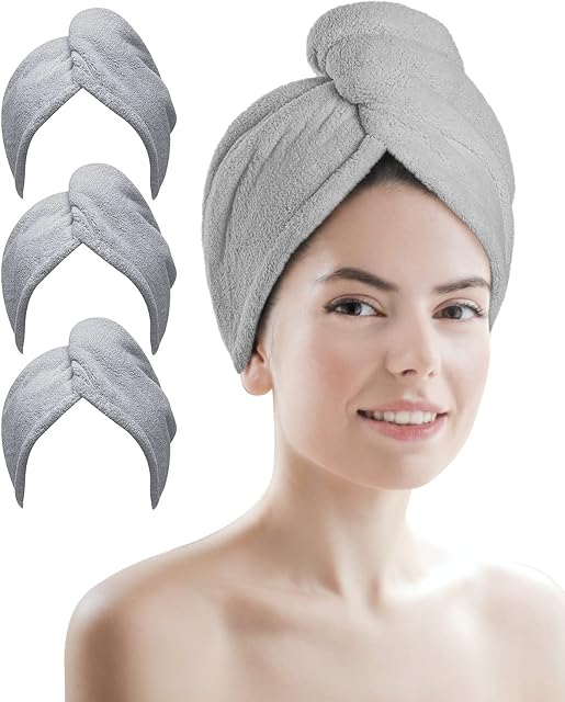 Microfibre Hair Towel, 3 Pack Super Absorbent Hair Towel Wrap with Button Design Extremely Soft Hair Wrap Towel Traveling Beach Excursions Sports Grey Microfibre Towel