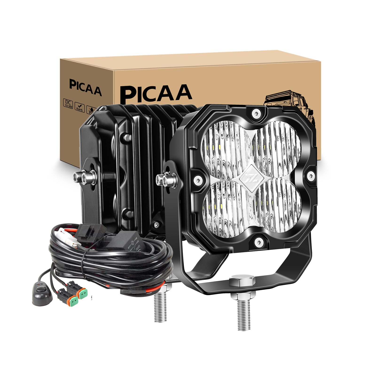 PICAA 2X Faro de trabajo LED,4 Pulgadas 30W 3000LM Haz Flood,5500K | con cableado Kit 12V,enlazable Luz conducción,IP67, para coche SUV 4x4 todoterreno camión tractor ATV UTV Moto Barco