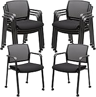 Vista 22 de CLATINA Silla de sala de espera negra con ruedas y respaldo de malla, sillas con brazos apilables con asiento de tela tapizado y soporte lumbar