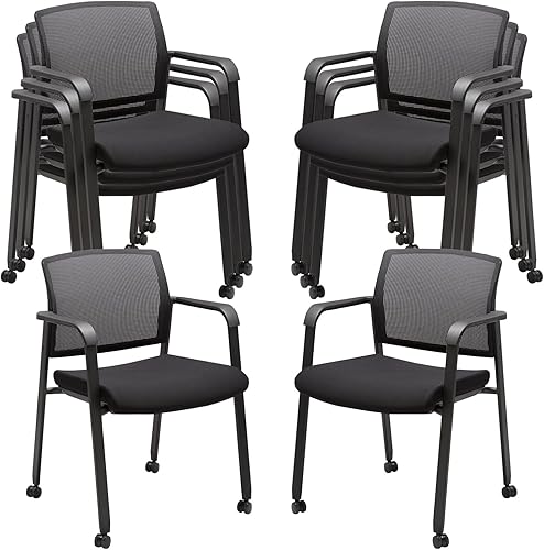Vista 22 de CLATINA Silla de oficina apilable con ruedas, respaldo de malla, sillas de invitados con brazos, cómodo cojín de cuero, silla de escritorio apilable
