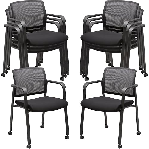 CLATINA Mesh Back Guest Reception Arm Chairs with Wheels, Waiting Room Chairs with Upholstered Fabric Seat and Ergonomic Lumbar Support for Office, 8PK
