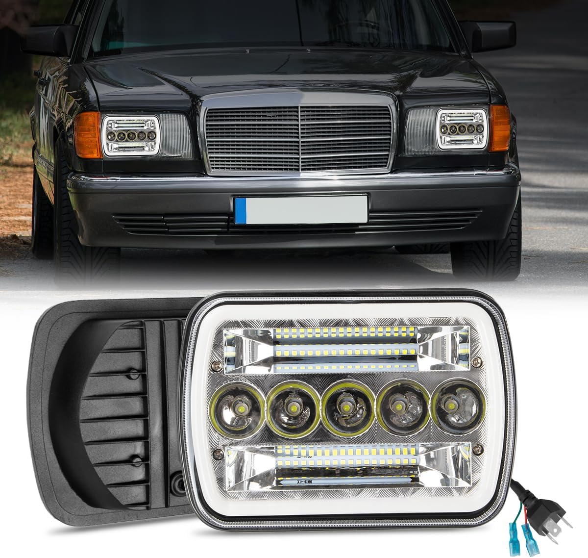 Pair H6054 5x7 7X6 LED Headlights Sealed High/Low Beam Compatible with Ford E150/E250/E350/E450 Econoline 1985-2013 (Ford E Series Bi-colour 7' square lamps)