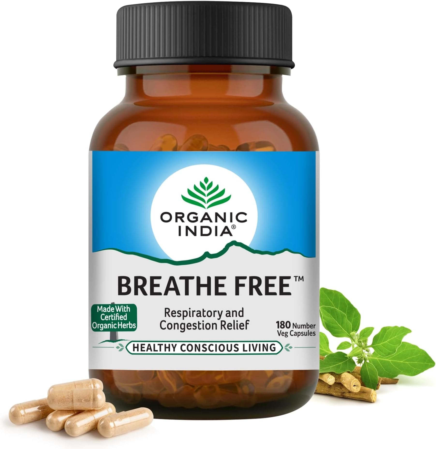 A TATA Product - Organic India Breathe Free - 180 Veg Capsules, Relieve Shortness of Breath, Wet & Dry Cough, Congestion & Respiratory Complications, Improves Lung Capacity, GMP & NPOP Certified Organic