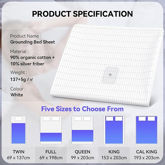 Warmiehomy Grounding Bed Sheet, Grounding Earthing Sheet UK, Earth Mat with 10% Silver Fiber and 90% Organic Cotton, Conductive Bed Sheets for Improving Sleep (Full - 69 * 198cm)