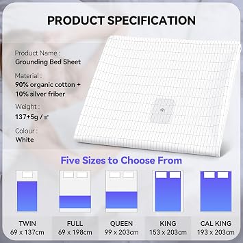 Warmiehomy Grounding Bed Sheet, Grounding Earthing Sheet UK, Earth Mat with 10% Silver Fiber and 90% Organic Cotton, Conductive Bed Sheets for Improving Sleep (Full - 69 * 198cm)
