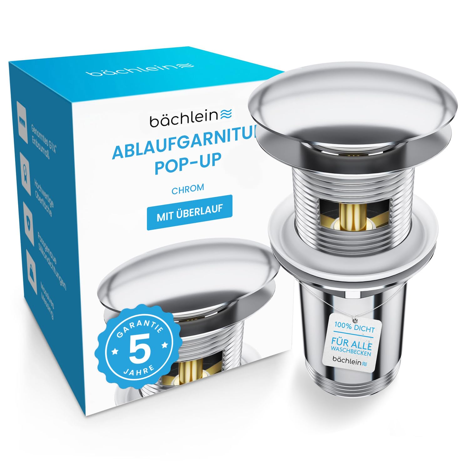 Bächlein Universal Ablaufgarnitur mit Überlauf (Chrom) - Pop Up Ventil für Waschbecken und Waschtisch – Ablaufventil Abflussgarnitur aus Messing mit Einbauanleitung