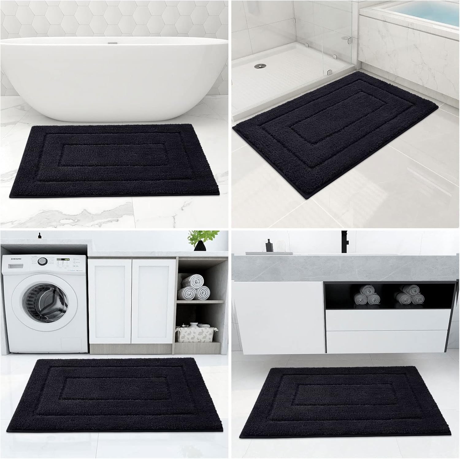 Buganda Microfiber Bathroom Rugs, Bath Rug Size 24 x 16 and 47 x 24in Blcak, 2 Item Bundle