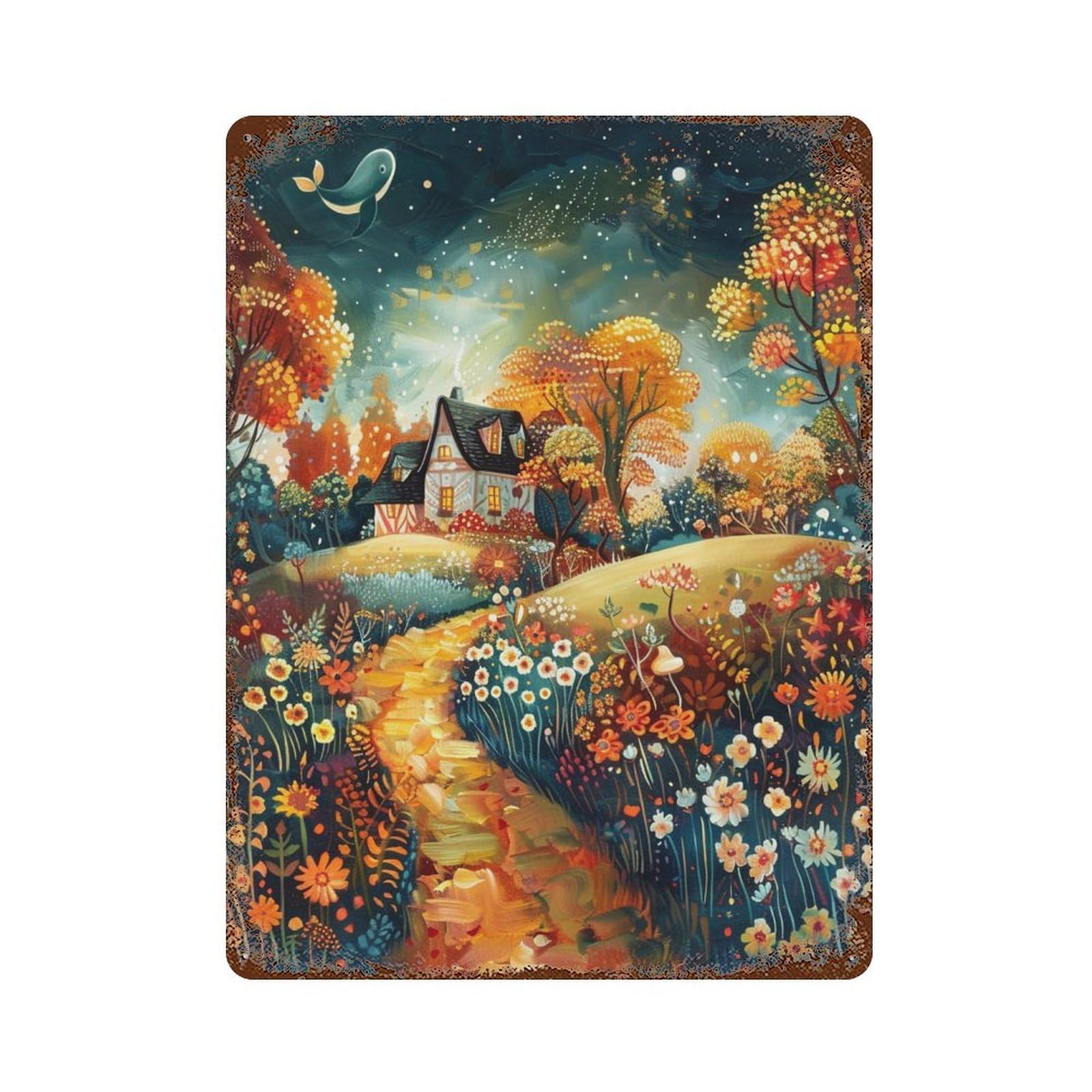 Whimsical Autumn Cottage Scene-1 Distressed Metal Wall Sign 15.7"x11.8", Ideal for Pub, Kitchen And Man Cave Decor