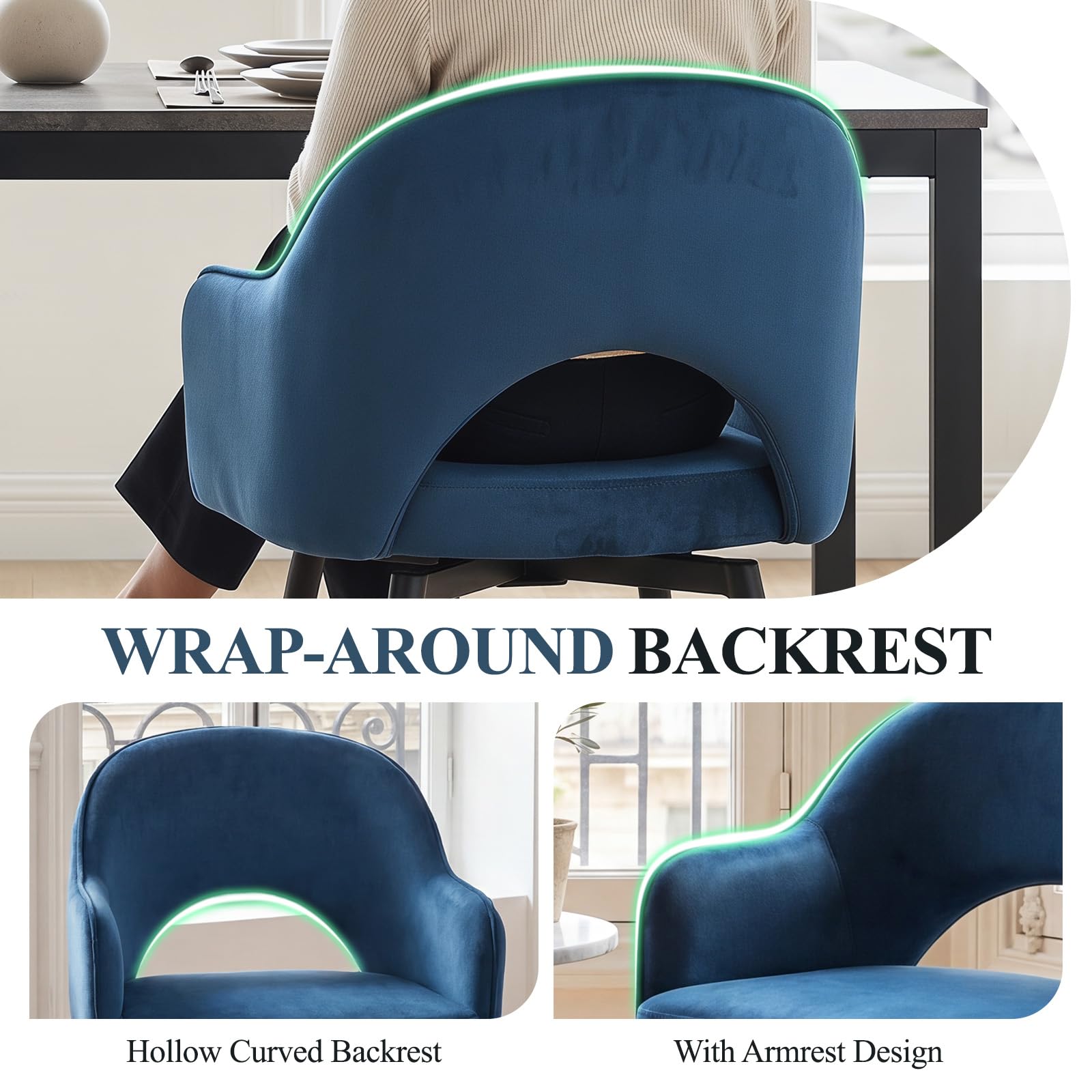 chairus Set di 2 Sedie da Pranzo in Velluto Sedia Cucina Girevole Poltroncina Imbottita con Schienale Sedia Moderna Design con Gambe in Metallo per Sala da Pranzo/Soggiorno, Blu
