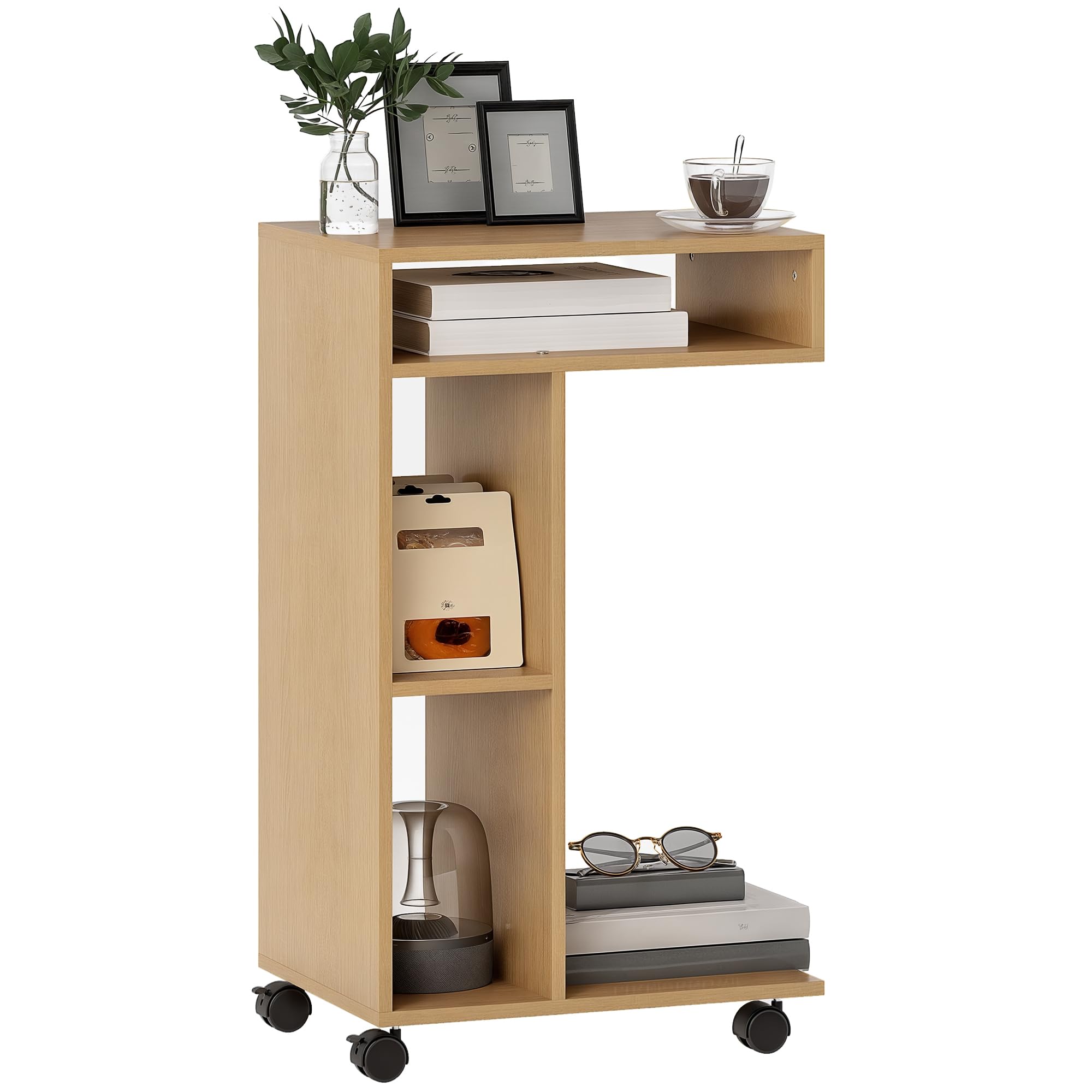 HOMCOM Mesa Auxiliar Multifuncional en Forma de C Mesa Auxiliar para Sofá con Ruedas Compartimentos Abiertos para Sofá Salón Dormitorio Oficina 40x30x69 cm Roble