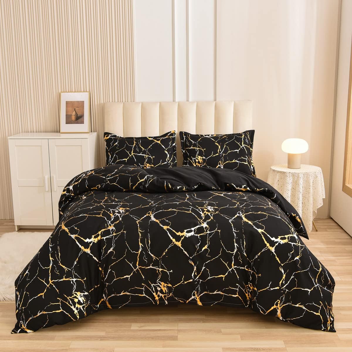 NTBED Black Gold Silver Metallic Marble Comforter Set Queen Lightweight Microfiber Brushed Quilt Bedding Sets with 2 Pillowcases