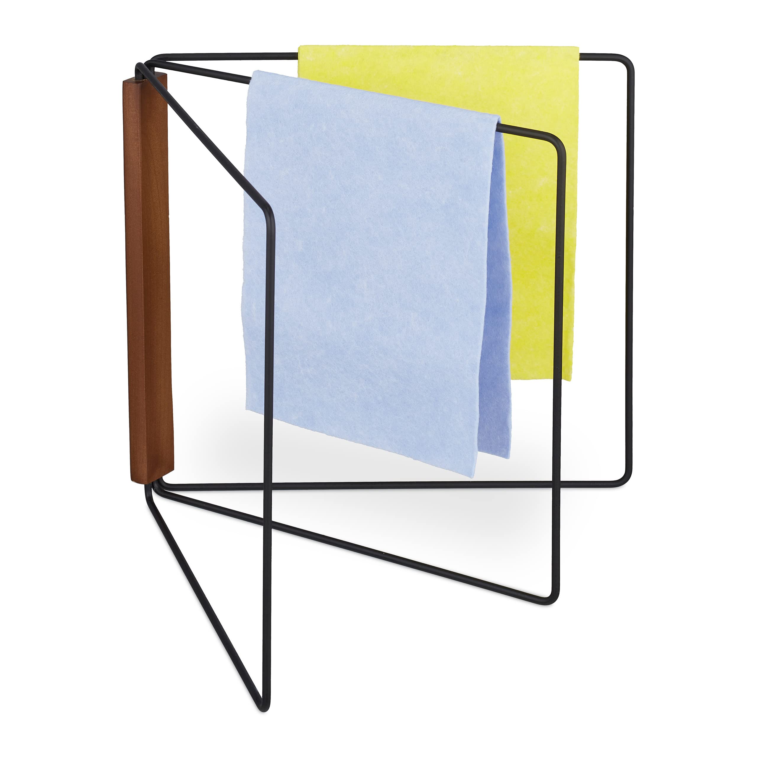 Relaxdays Support Chiffon, 3 Barres, Pliable, métal et Bois, H x L : 25 x 27 cm, pour la Cuisine, Noir et Marron