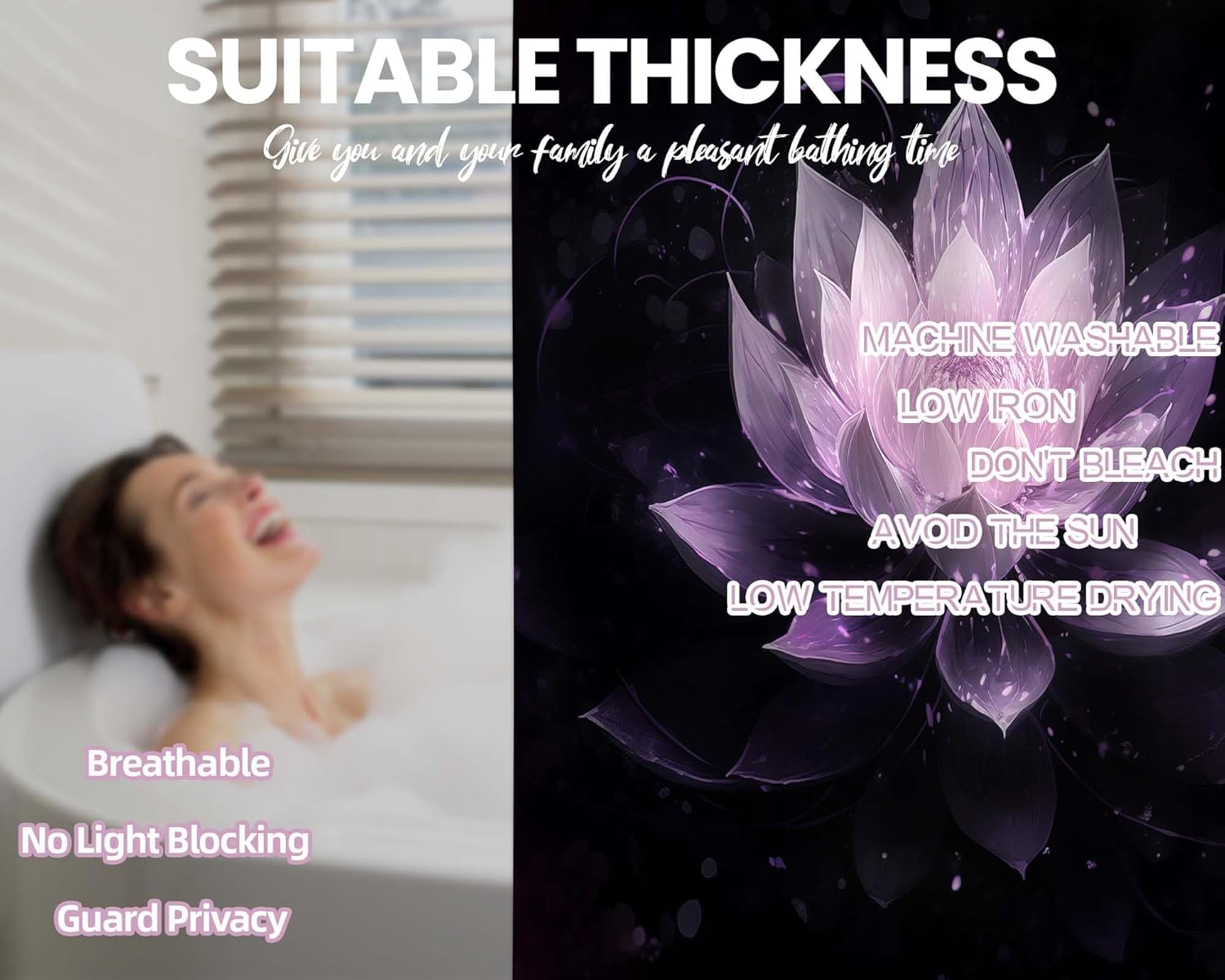 Black and Light Purple Shower Curtain Plum Lilac Mauve Lavender Lotus Flower Shower Curtains for Bathroom Decor Sets, Waterproof Cloth Fabric with Hooks, 108x72in