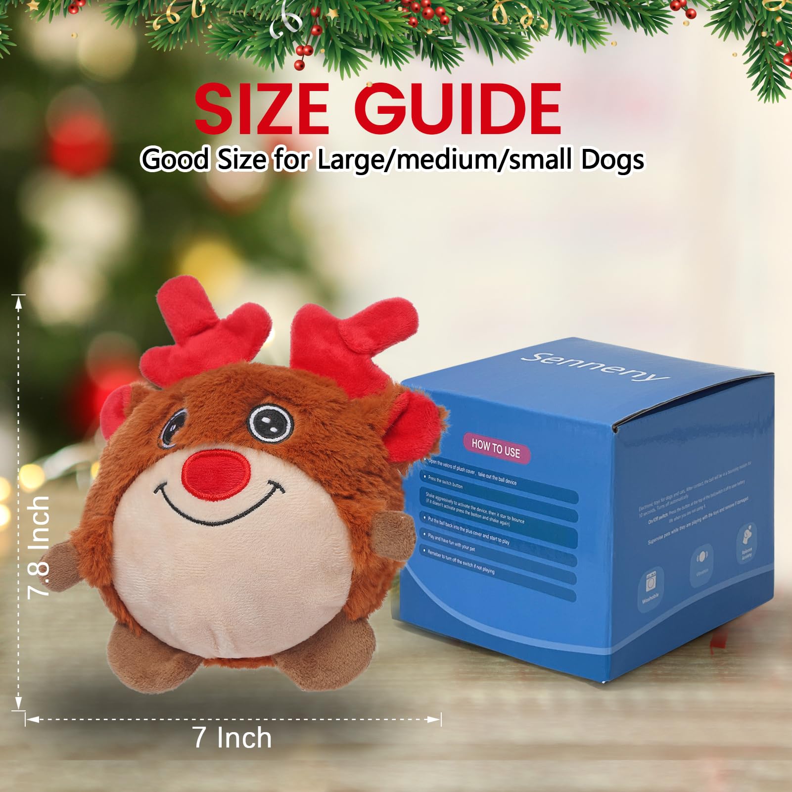 Senneny Jouets de Noël pour chien, jouets interactifs pour chien, renne, chemin aléatoire, jouet électrique à mouvement automatique et roulant, balle pour chien activée par le mouvement, avec housse