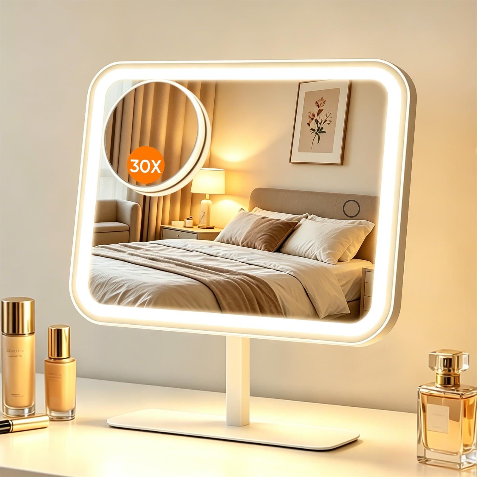 FUNTOUCH Espejo de tocador grande con luces, 4500 mAh, recargable, iluminado con aumento de 30x, 3 luces regulables de color, control táctil, rotación de 360°, regalo para mujer, para dormitorio