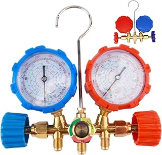 Refrigerant Gauges, 3-Way Ac Gauge Set with 3ft Hose and Adapter, Hanging AC Distributor Meter Set for R134a, R32, R22, R410A