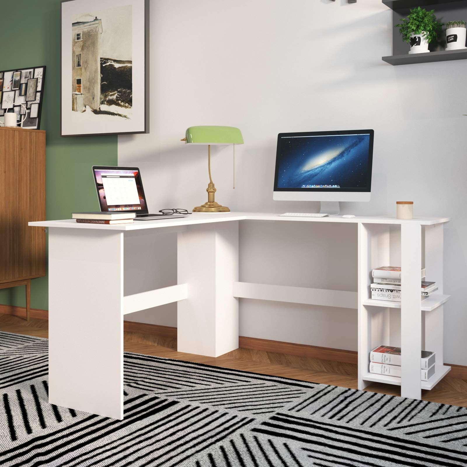DlandHome Scrivania Gaming Angolare a Forma di L per Computer e Notebook - Scrivania da Gioco con Tavolo da Ufficio (Bianco)