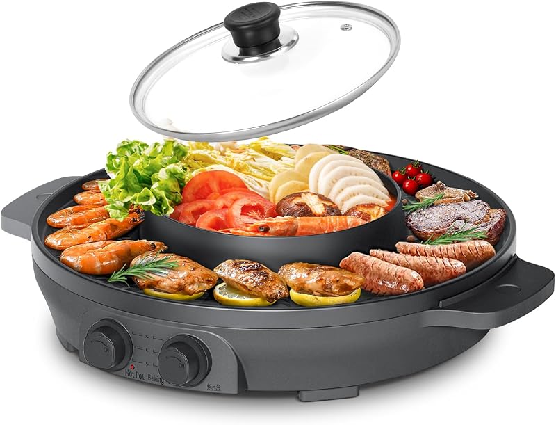 ENFRIFAM 2 az 1-ben Elektromos Hot Pot és Grill 2200W - Koreai BBQ, Fondue, Raclette Tapadásmentes Bevonattal, Külön Hőmérséklet Szabályozás
