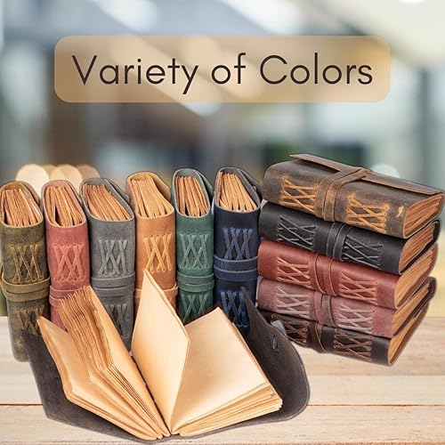 Vista 24 de LEATHER VILLAGE Diario encuadernado en cuero, marrón rústico, 7 x 5 pulgadas, 220 páginas, diario vintage de papel en blanco para escribir, dibujar