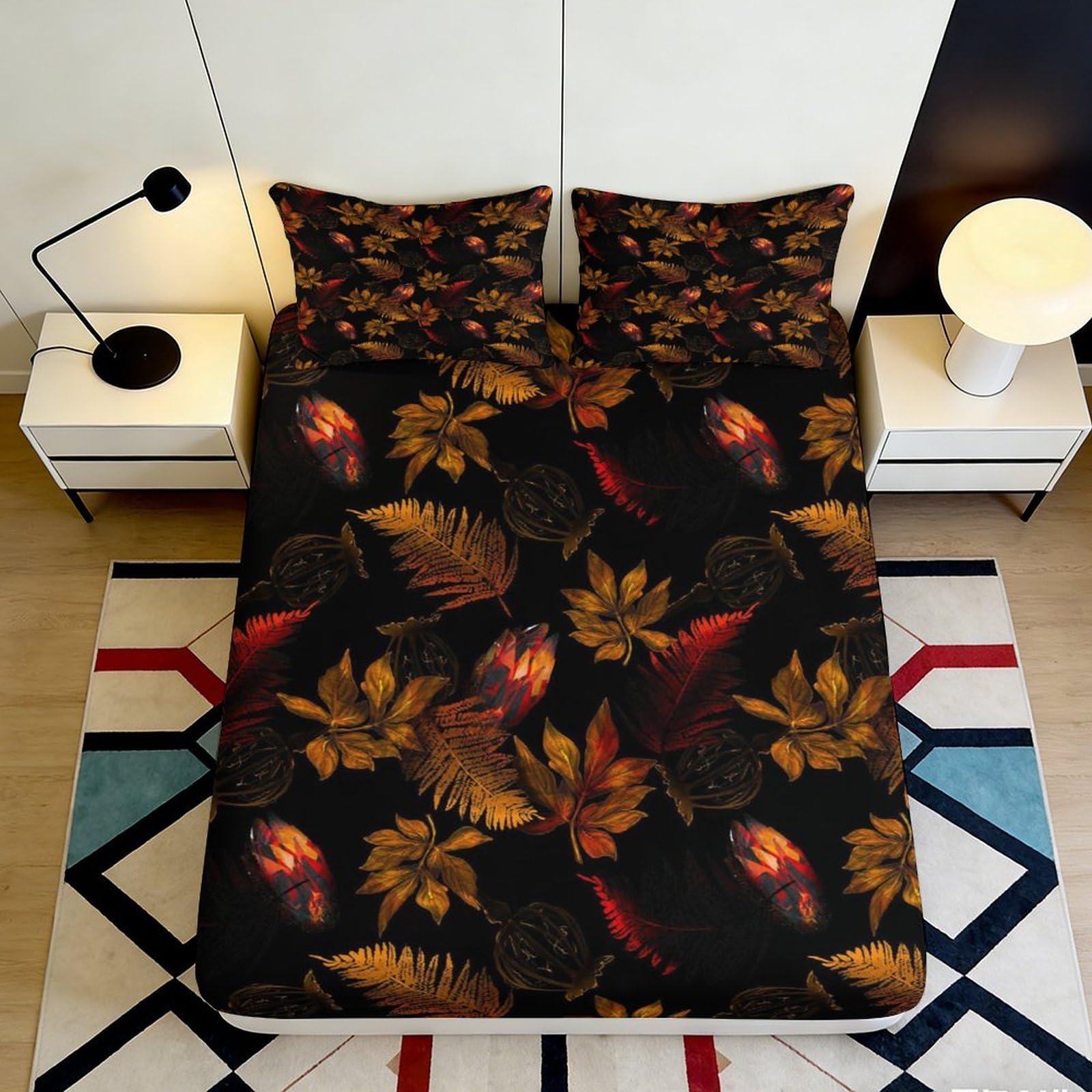 3D Printed Autumn Leaves Fitted Sheet Microfiber Soft Breathable Forest Fern Bed Cover Bedroom Decor 90x200x25cm