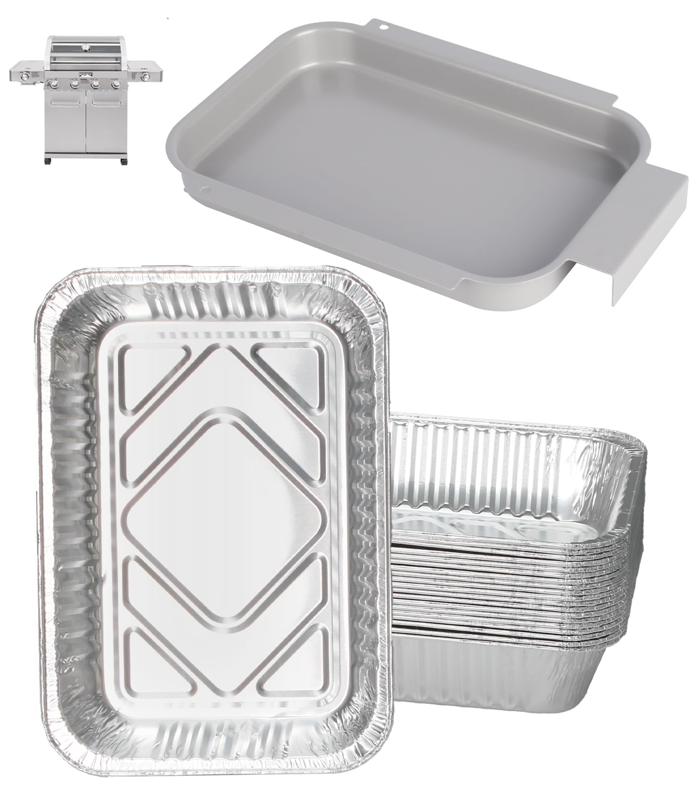 Drip Pan Liners for Most Monument Grills 35633 24633 24367 17842 14633 13762 41847NG 25392, Universal Grease Box & 10 PCS Aluminum Foil Liner for Monument Grill Accessories, 8.4 x 5.8 Foil Drip Pans