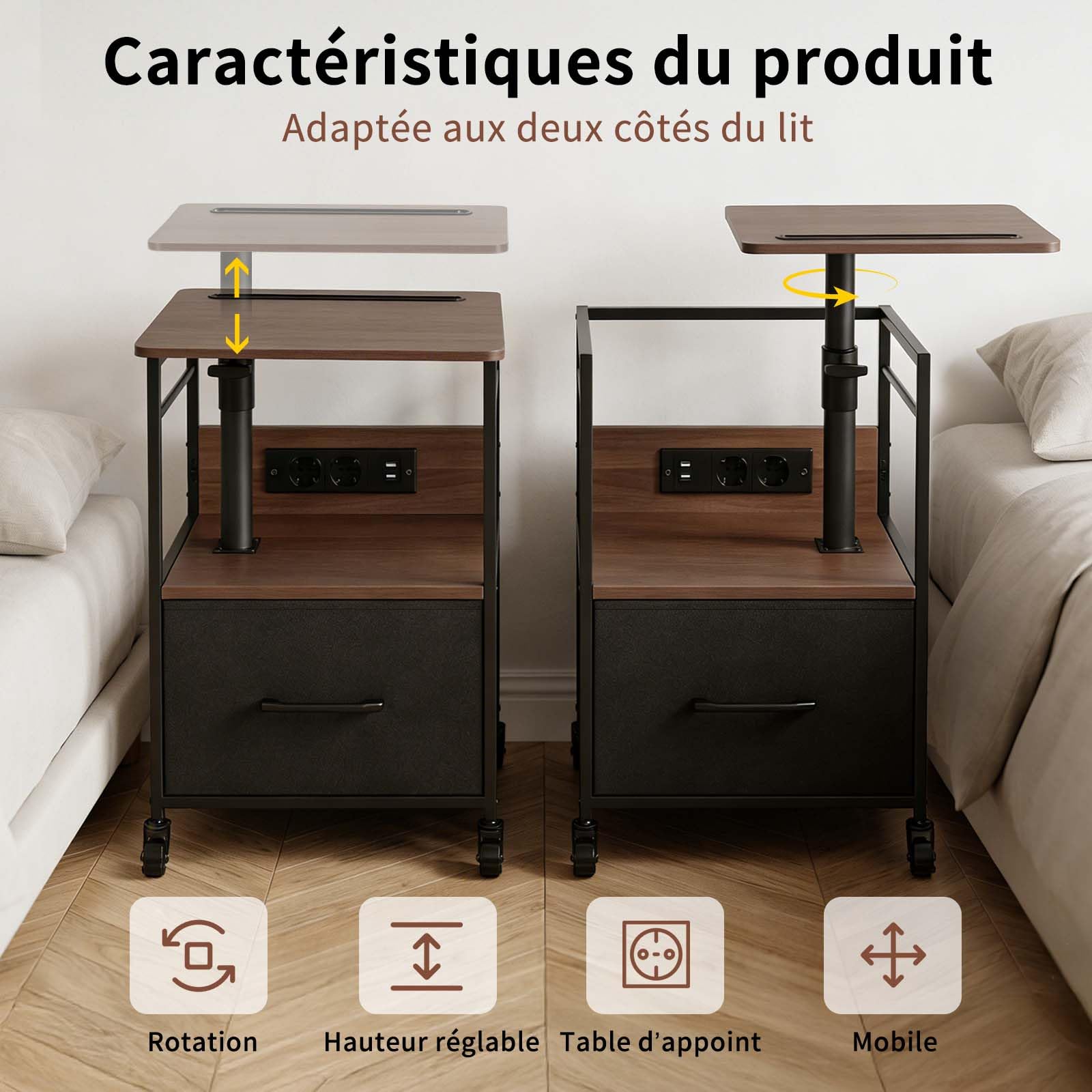 Table de Chevet Connectée à roulettes avec Plateau Pivotant 360° Hauteur Réglable 64-80 cm Prises Intégrées 2AC 220V 2USB 5V 2,1A Grand Rangement Colonne Renforcée Finition Noyer Chaud