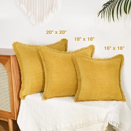 Miniatura 4 de Juego de 2 fundas de almohada amarillas cuadradas de 16 x 16 pulgadas, fundas de almohada rústicas suaves y rústicas de teñido sólido con borlas,