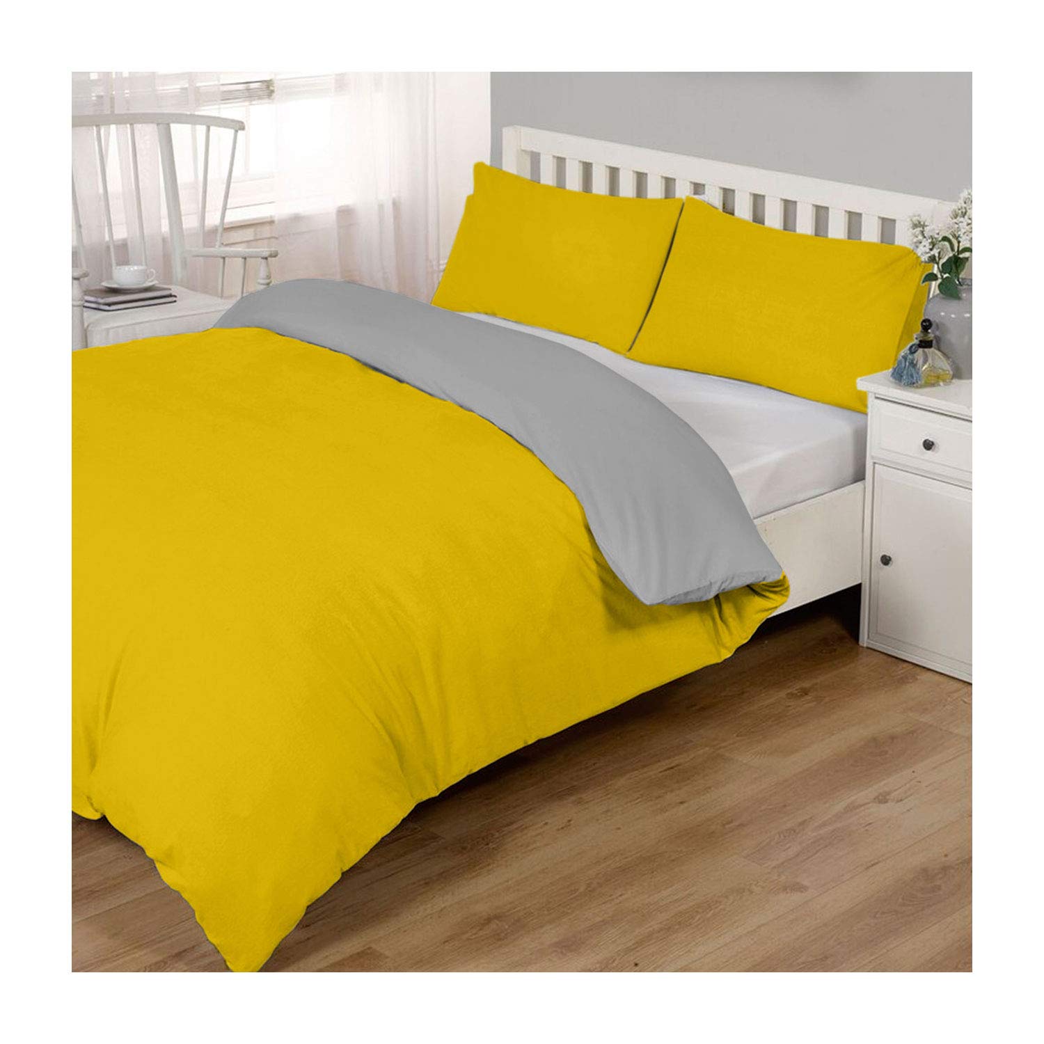 Fairwayuk Grey Plain Dyed Duvet Cover With Pillowcase Bed Set, Microfibre Quilt Reversible Bedding Sets, Super Soft, (Ochre/, Single)