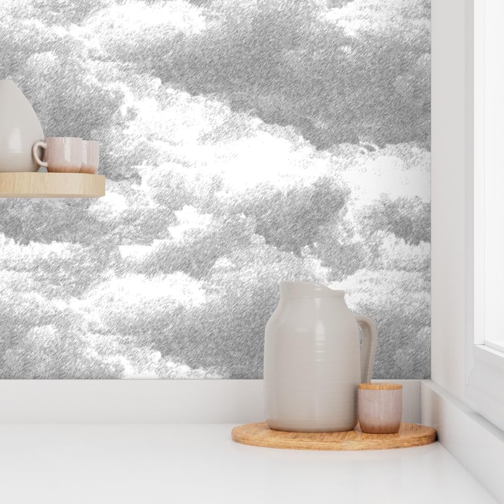 Peel & Stick Wallpaper Swatch - Cloudy Sky Stormy Sky Clouds Gray White Weather Custom Removable Wallpaper by Spoonflower