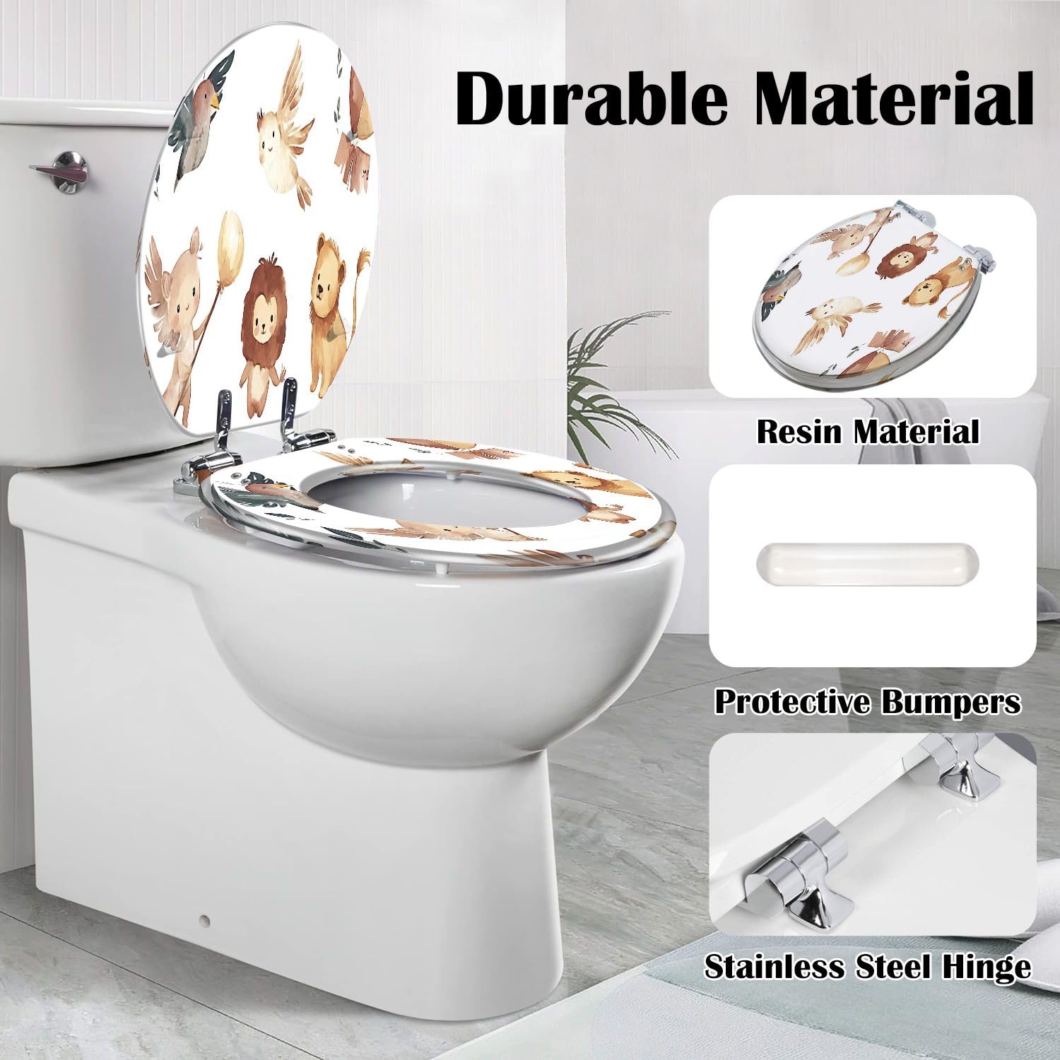 Sedile per WC per bambini con chiusura ammortizzata, motivo acquerello, uccello, leone, orso, resina, cerniere a sgancio rapido, facile installazione.