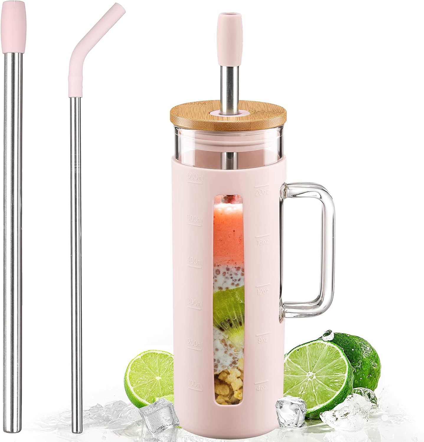 Kodrine Tumbler with Lid and Straw, 20 oz Glass Coffee Tumbler with Handle, Smoothie Cup with Bamboo Lid | Time Marker | Silicone Protective Sleeve, BPA Free -Light Pink