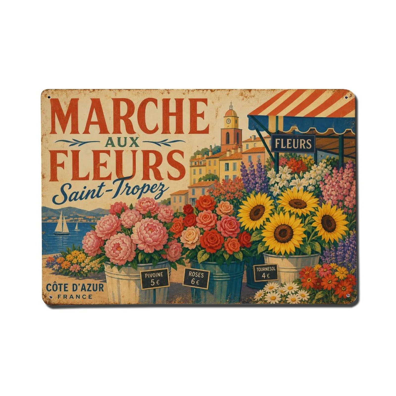 Vintage Travel Flower Market France Colorful Blooms Metal Tin Sign