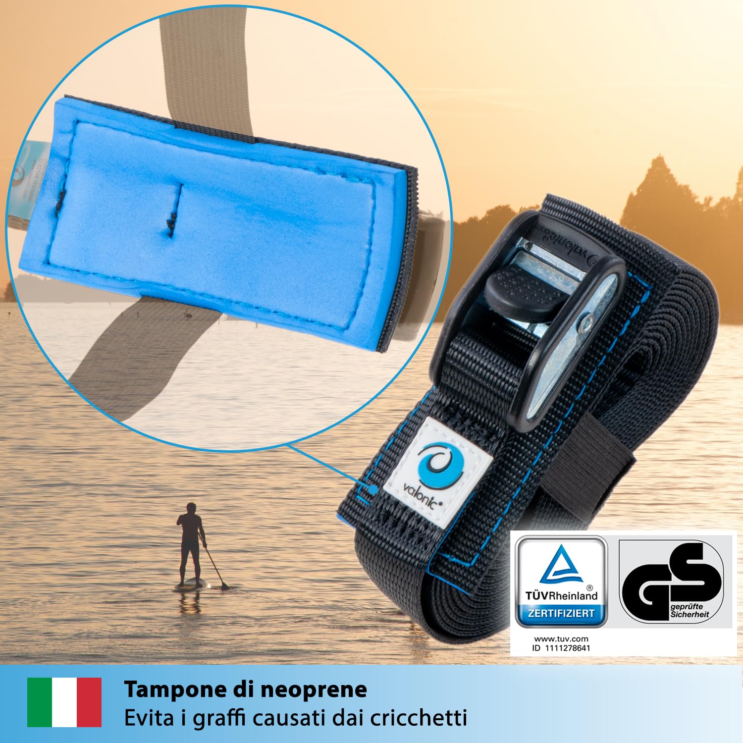 valonic Dolphin - 2x 2m cinghie di fissaggio, 25mm, 500 Kg, imbottite, certificate TÜV Rheinl. / GS, EN-12195-2 - con fibbia per portapacchi, bagagli, nero