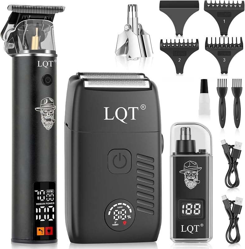 Aparador elétrico de barba LQT com lâminas flutuantes, visor LED, IPX7 e kit com 3 peças, preto