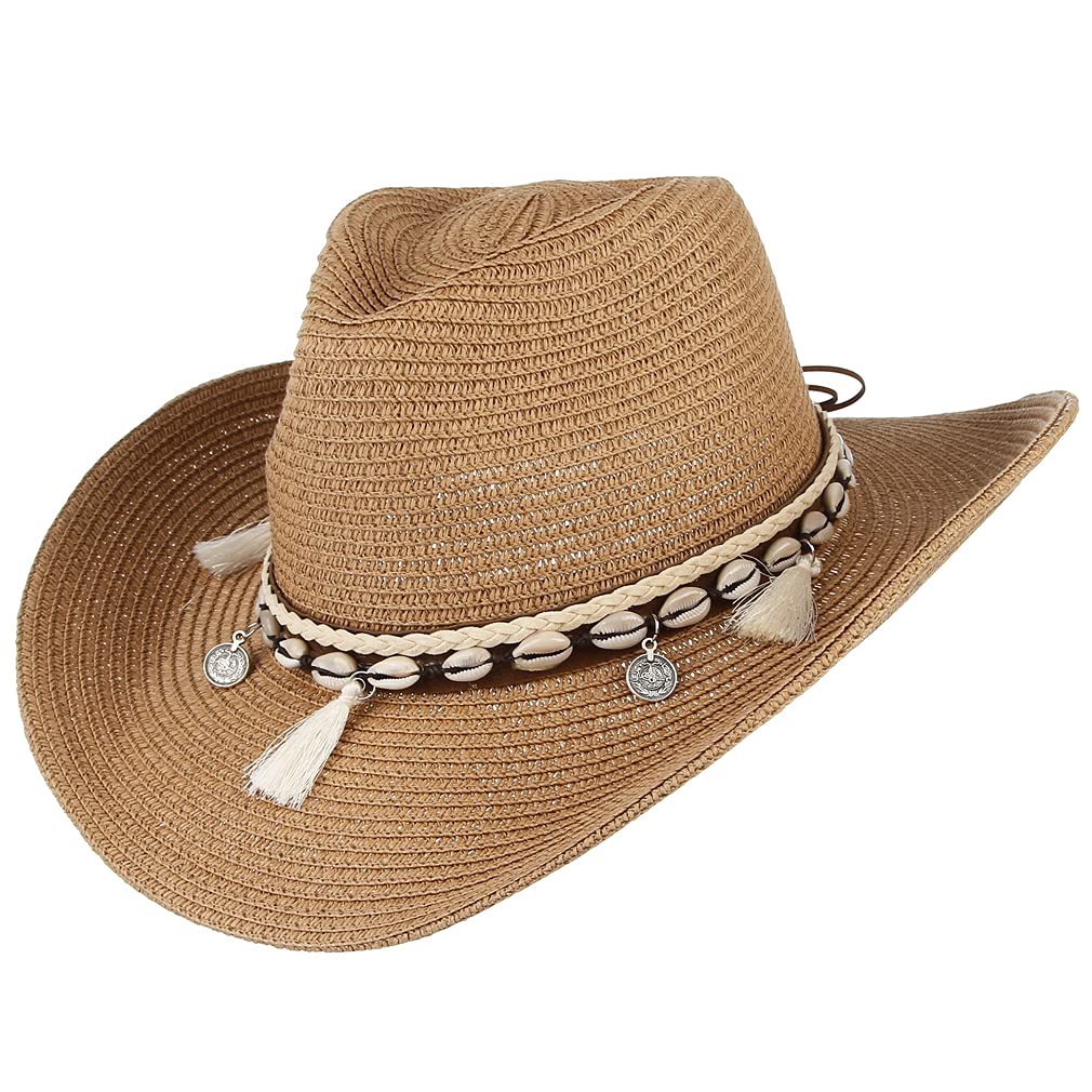 GEMVIE Sombreros de Paja para Mujer Sombrero de Sol Gorra de Playa con Cinta de Concha + UPF50 Ajustable y Empacable Mujer Sombrero de Verano Fedora Trilby