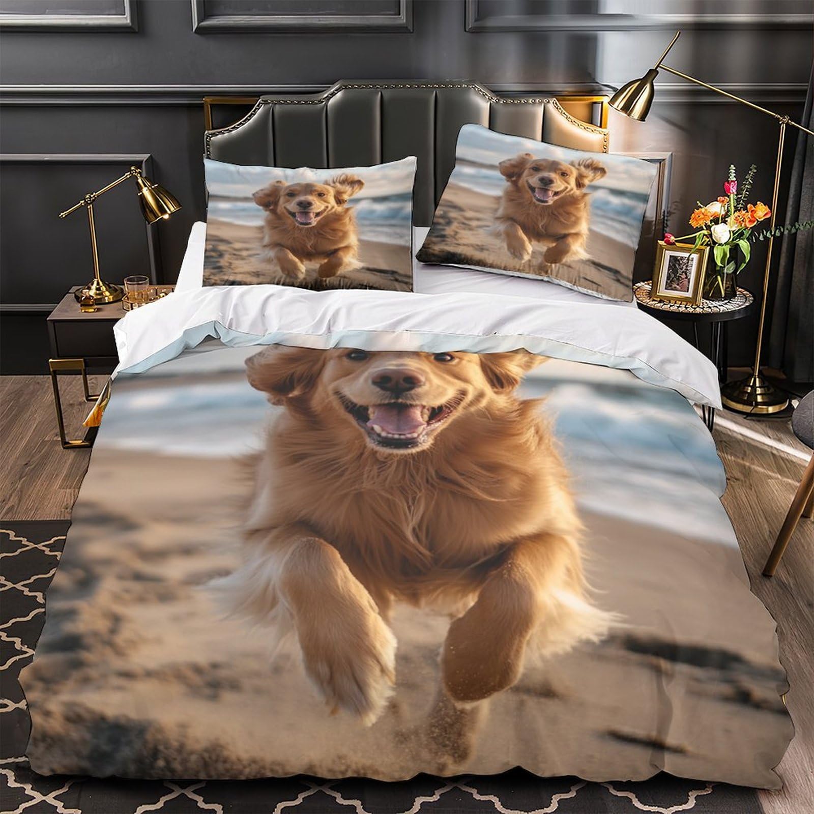 Housse de couette Golden Retriever 3D pour la chambre d'enfant et ado en microfibre
