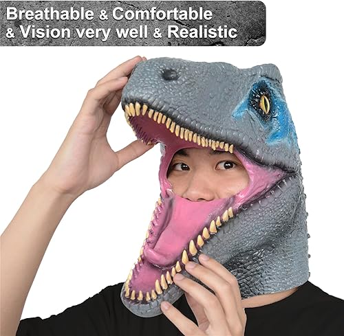 Miniatura 2 de PARTYGEARS Máscara de dinosaurio velociraptor mejorada para fiesta de disfraces de Halloween, máscara de cabeza de dinosaurio de látex