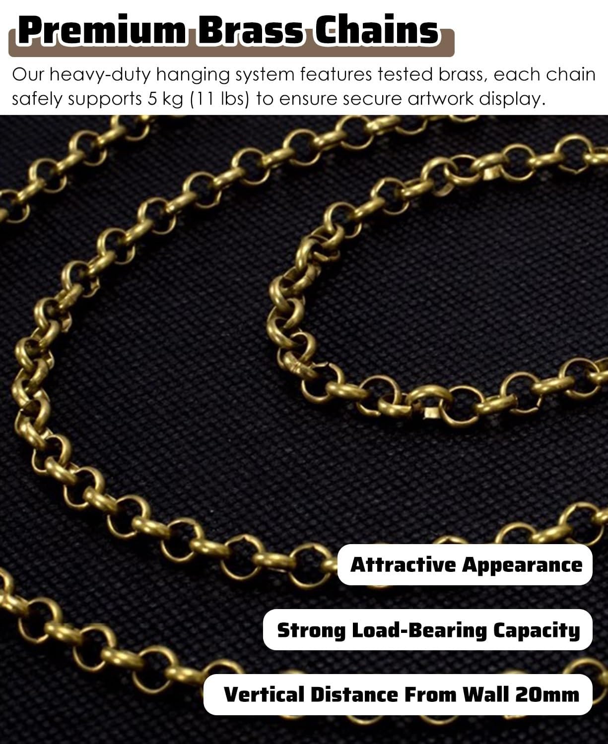 Sistema para colgar cuadros con cadenas y riel para exhibición de pared de galería y decoración artística de interiores