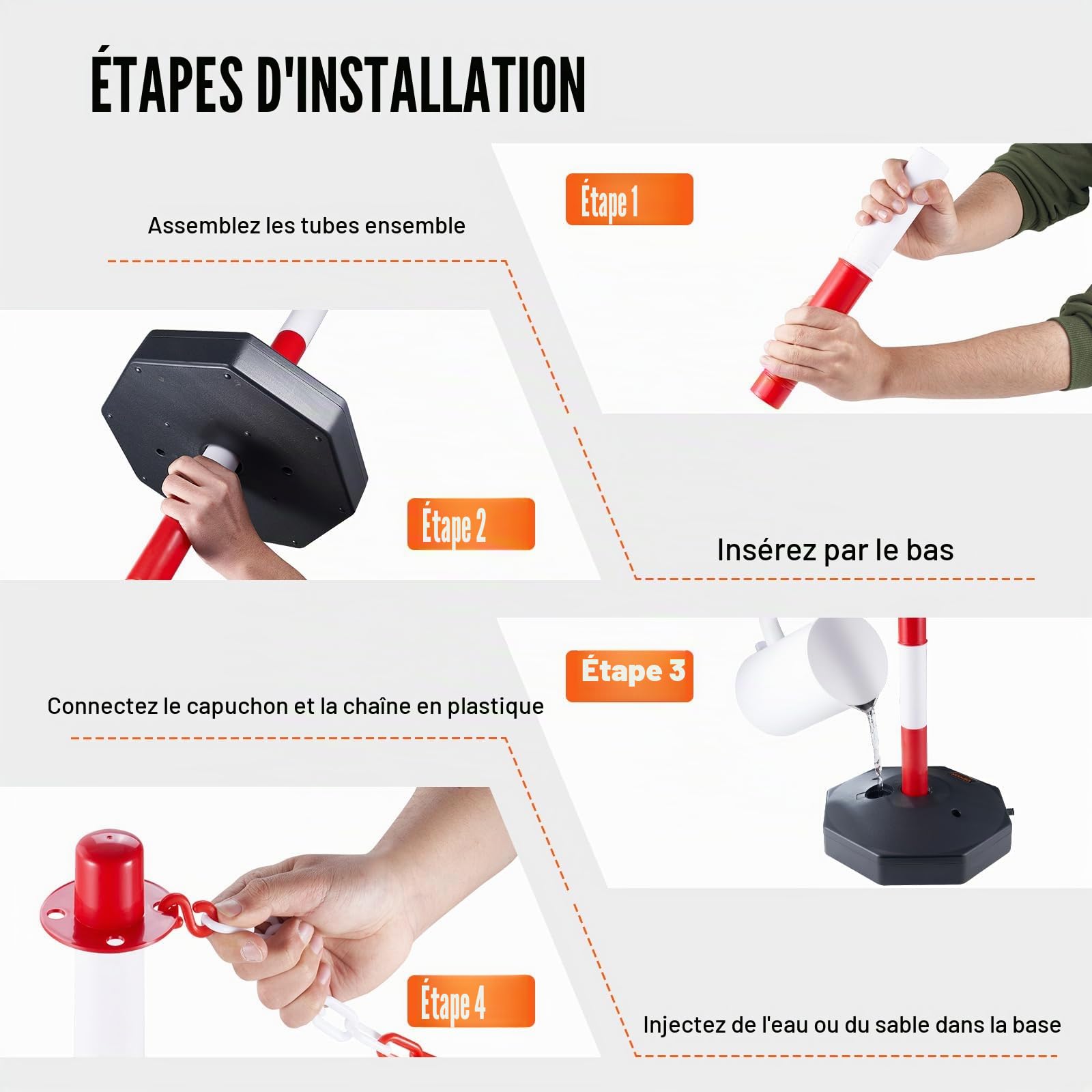 VEVOR Poteau de Signalisation 4PCs Poteau de Délimitation sur Socle Remplissable Hauteur Réglable Cône de Signalisation Longue Chaine 2,4 m pour Contrôle de Circulation Chantier Parking Rouge et Blanc