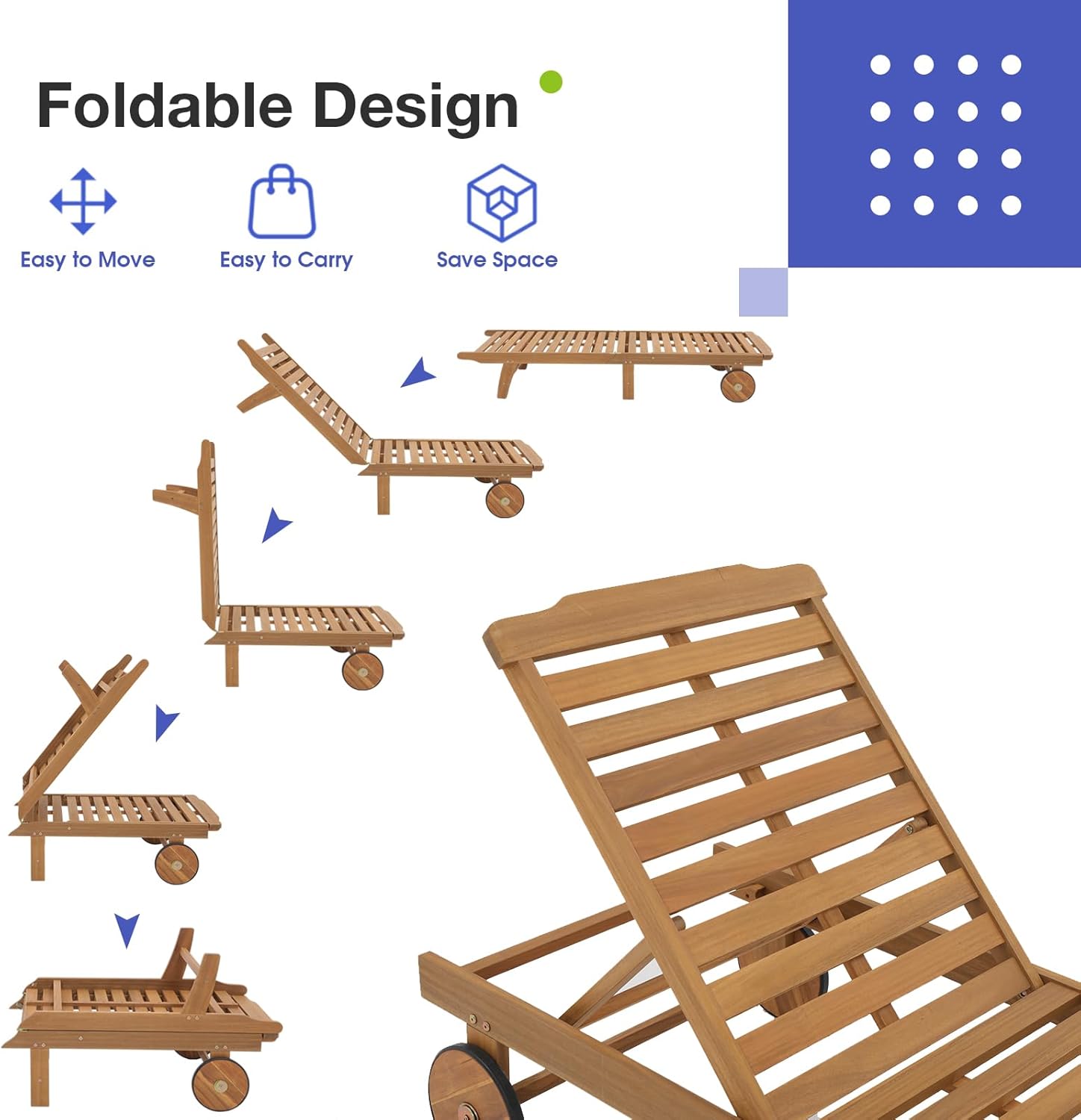 Patiorama Patio Acacia Wood Chaise Lounge Set of 4, Outdoor Folding Lounge Chair Recliner w/Adjustable Backrest, Wheels,Padded Cushion, Portable Sun Lounger Pool Chair for Deck,FSC Certified,Dark Grey