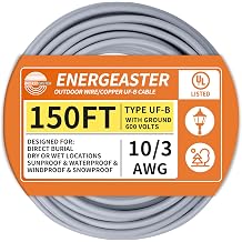 10/3 UF-B Wire 150FT Pure Copper Direct Burial Cable, Sunlight & Moisture Resistant, Ideal for Outdoor Lighting & Pump Installations & Residential Indoor Electrical Projects