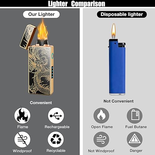 Miniatura 3 de RSBYE Encendedor de plasma de arco eléctrico, recargable por USB, resistente al viento, sin llama, con indicador de batería LED (dragón)