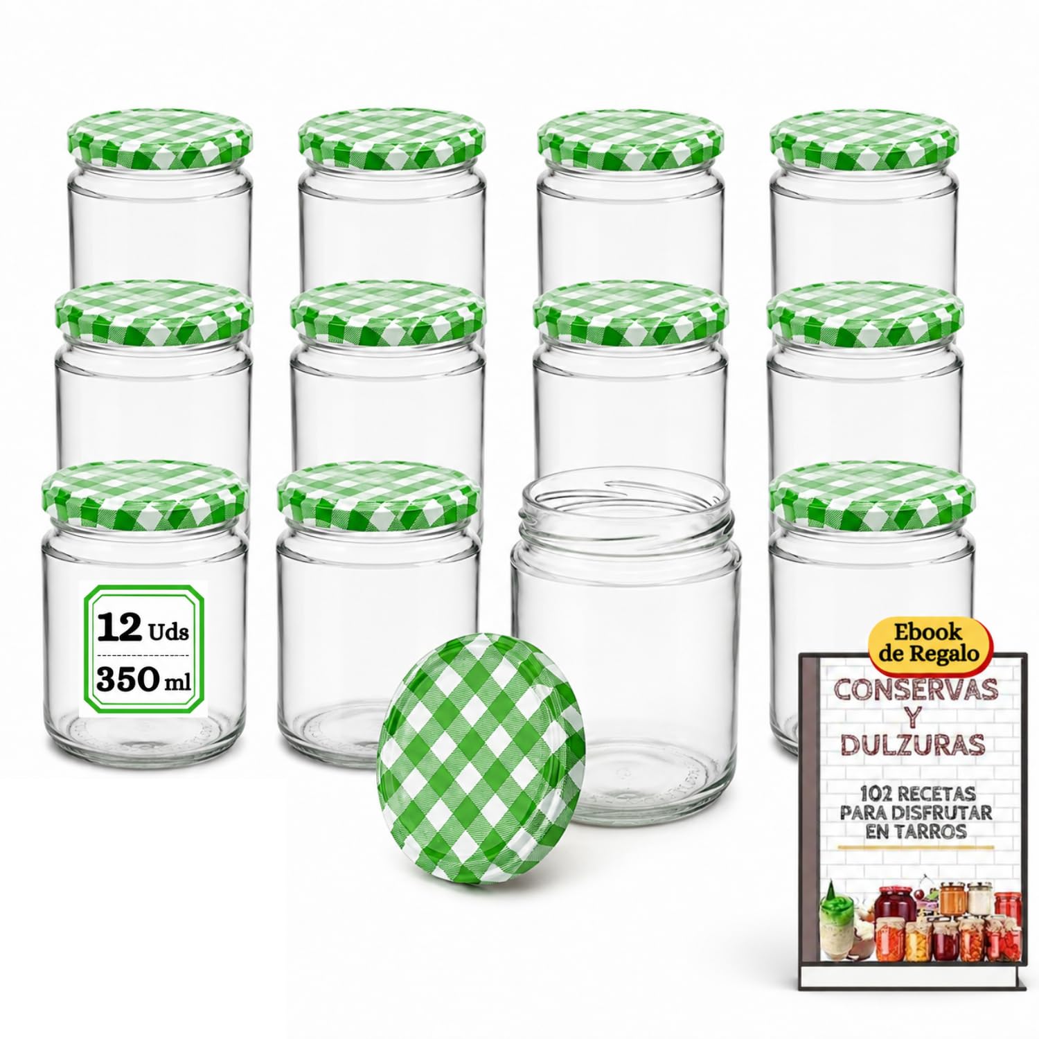 Botes de vidrio para conservas de 350 ml con tapa hermética, etiquetas y recetario de cocina