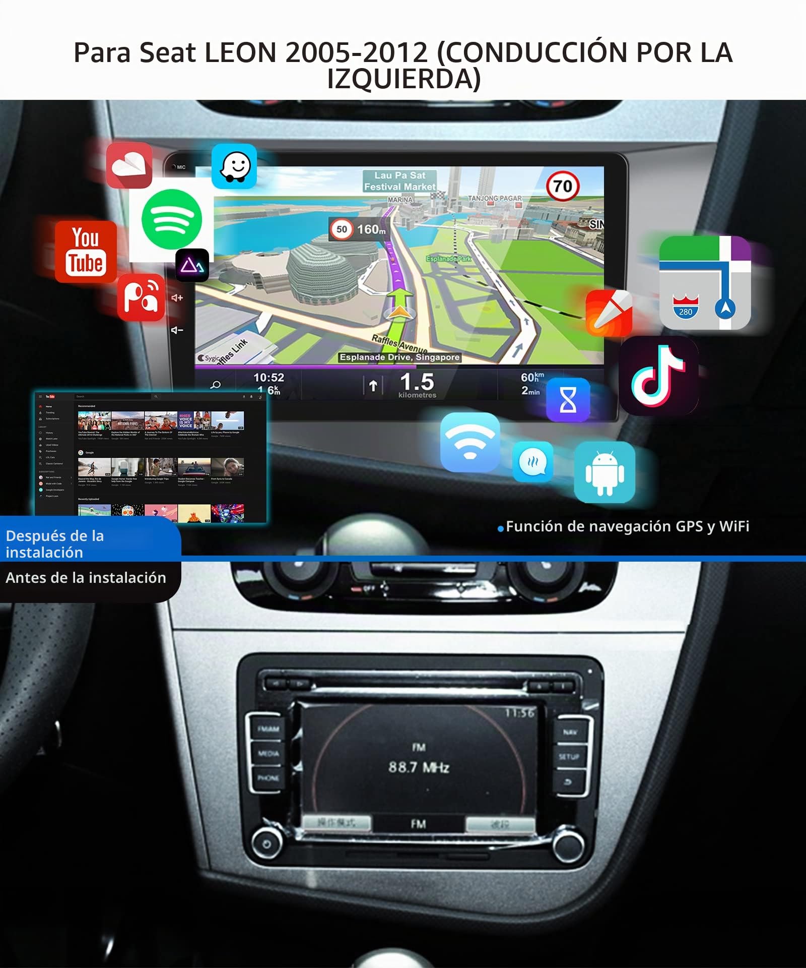 Podofo Android Radio de Coche para Seat Leon 2005-2012(Mano Izquierda Draive), Pantalla Páctil de 9" GPS Navi Bluetooth WiFi FM RDS USB Duplicar Pantalla Reproductor Estéreo para Seat Leon