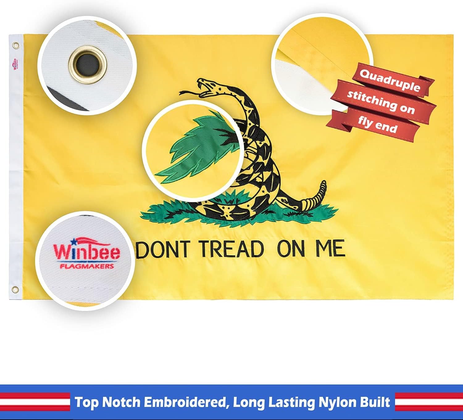 Embroidered Gadsden Dont Tread On Me Flag 3x5 Ft with Long Lasting Nylon, Double Sewn Stripes and Sturdy Brass Grommets. Best American Tea Party Gadsden Flag Outdoor/Indoor Display