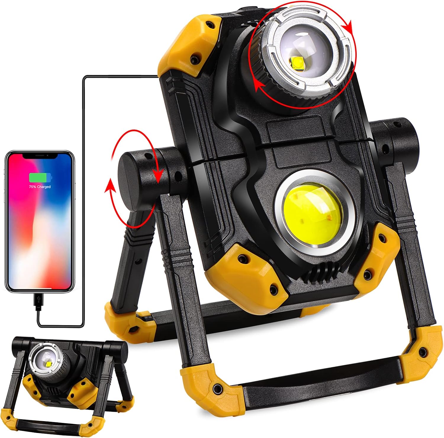 Adelante Rechargeable LED Work Light, 2500LM 30W COB Magnetic Working Lights with 4000 Capacity Mobile Charger & 360°Rotate Stand (Yellow)