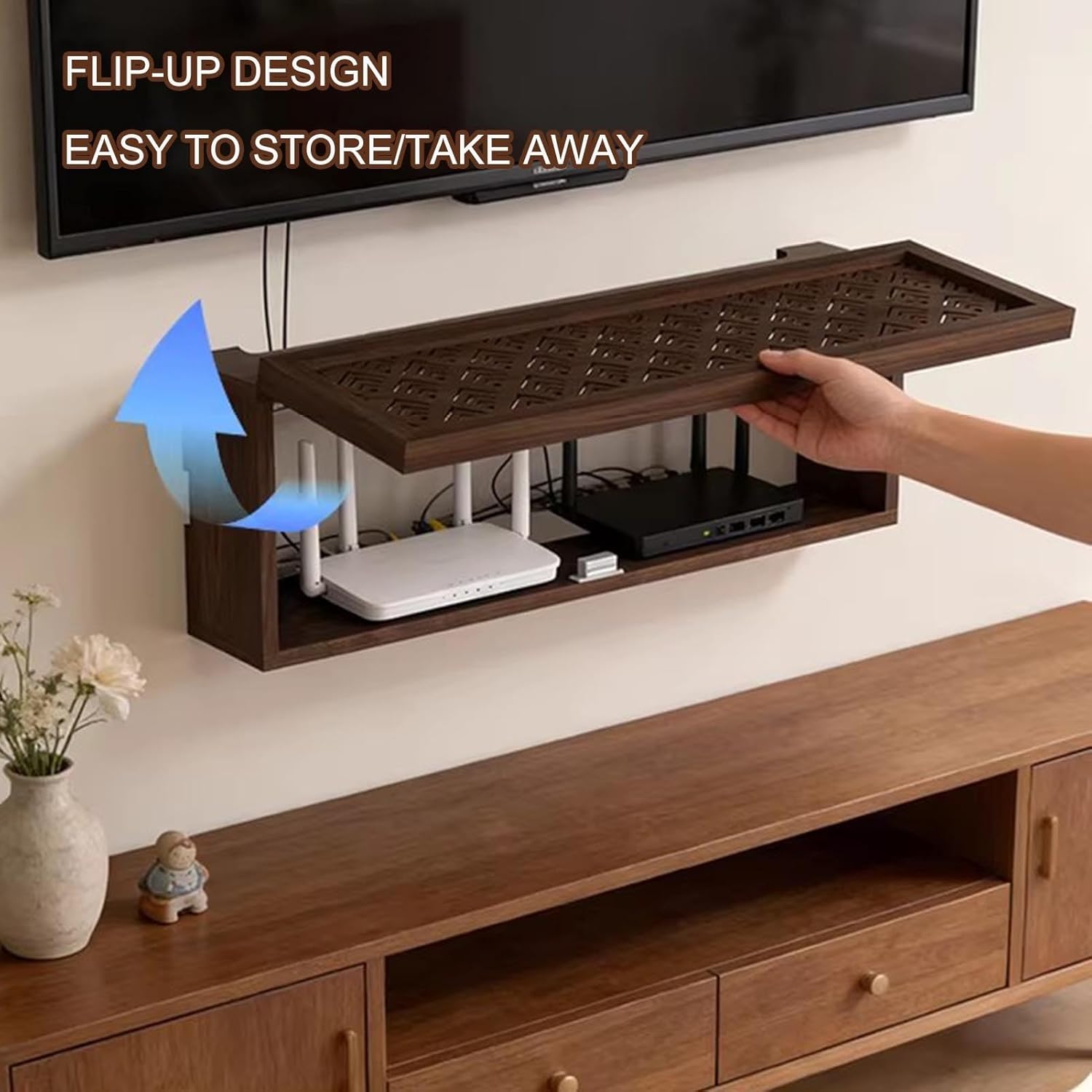 木製ルーターシェルフ WiFi ルーターボックス ハイダー モデムカバー デスクトップ配置と壁掛け 寝室、リビングルーム用 ケーブル